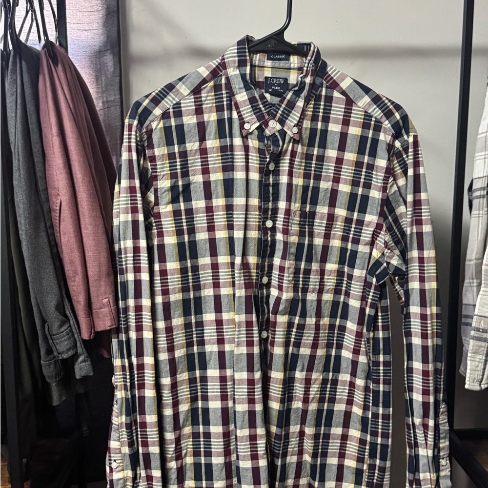 J. Crew Men's Checkered Shirt - Navy and Burgundy